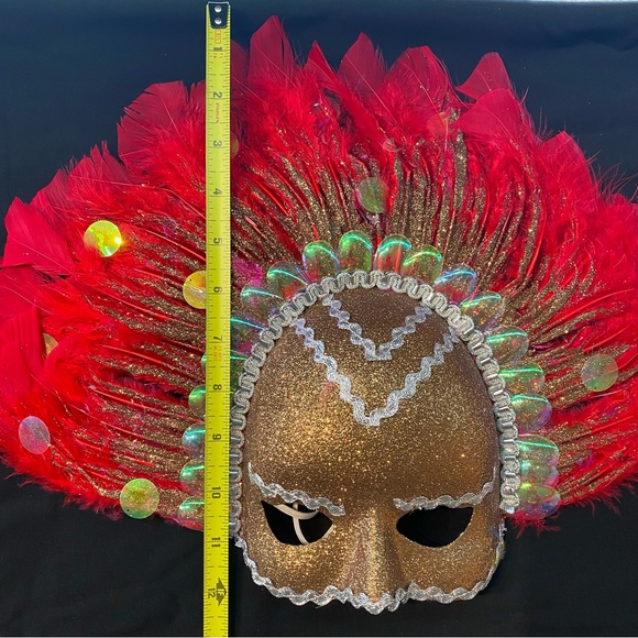 Red Feathers Venetian Carnival Masquerade Face Mask - Picture 5 of 5